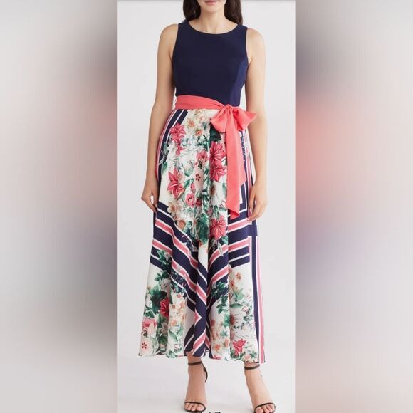 Eliza J Twofer Floral Scarf Print Maxi Dress NWOT Sz 4 Ivory-Multi - Picture 1 of 5